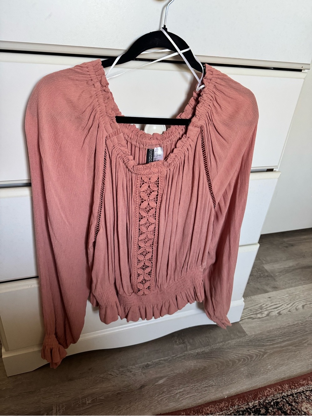 H&M Dusty Rose Crochet-Trim Peasant Blouse